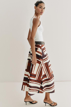 ZARA ЮБКА ИЗ ПОПЛИНА С ПРИНТОМ И РЕМНЕМ, РАЗНОЦВЕТНЫЙ