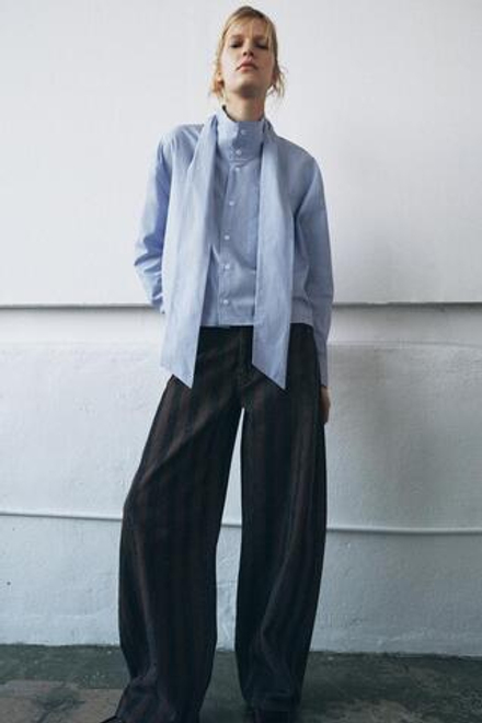 ZARA РУБАШКА С БАНТОМ ZW COLLECTION, СИНИЙ