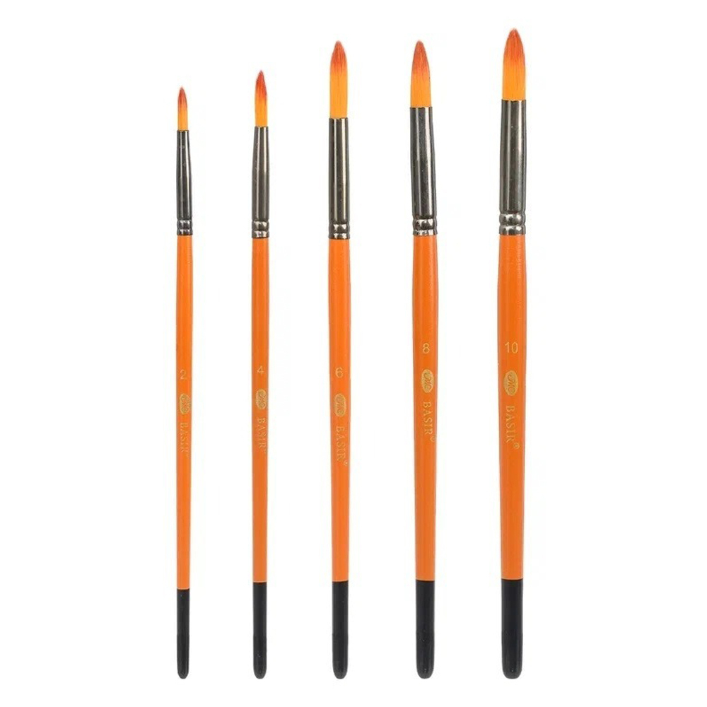 Кисть для рисования Basir художественная, нейлон, круглые, № 2,4,6,8,10, набор из 5 шт, оранжевый корпус