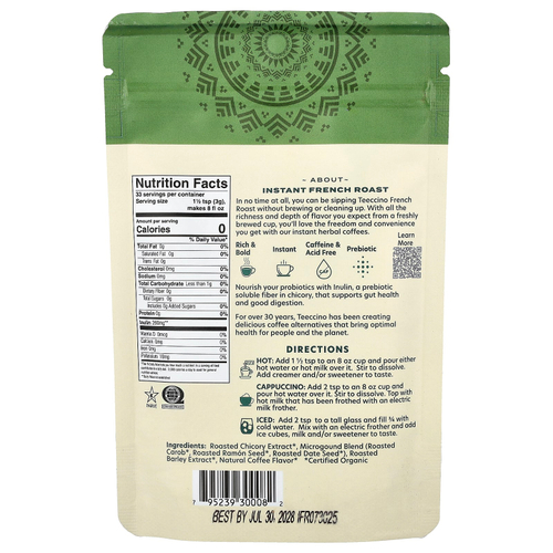 Teeccino, растворимый травяной кофе, французская обжарка, темный, без кофеина, 100 г (3,53 унции)