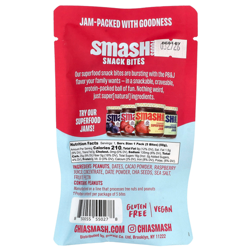 Smash Foods, Snack Bites, шоколад, арахисовая паста и малиновый джем, 5 шт., 50 г (1,8 унции)