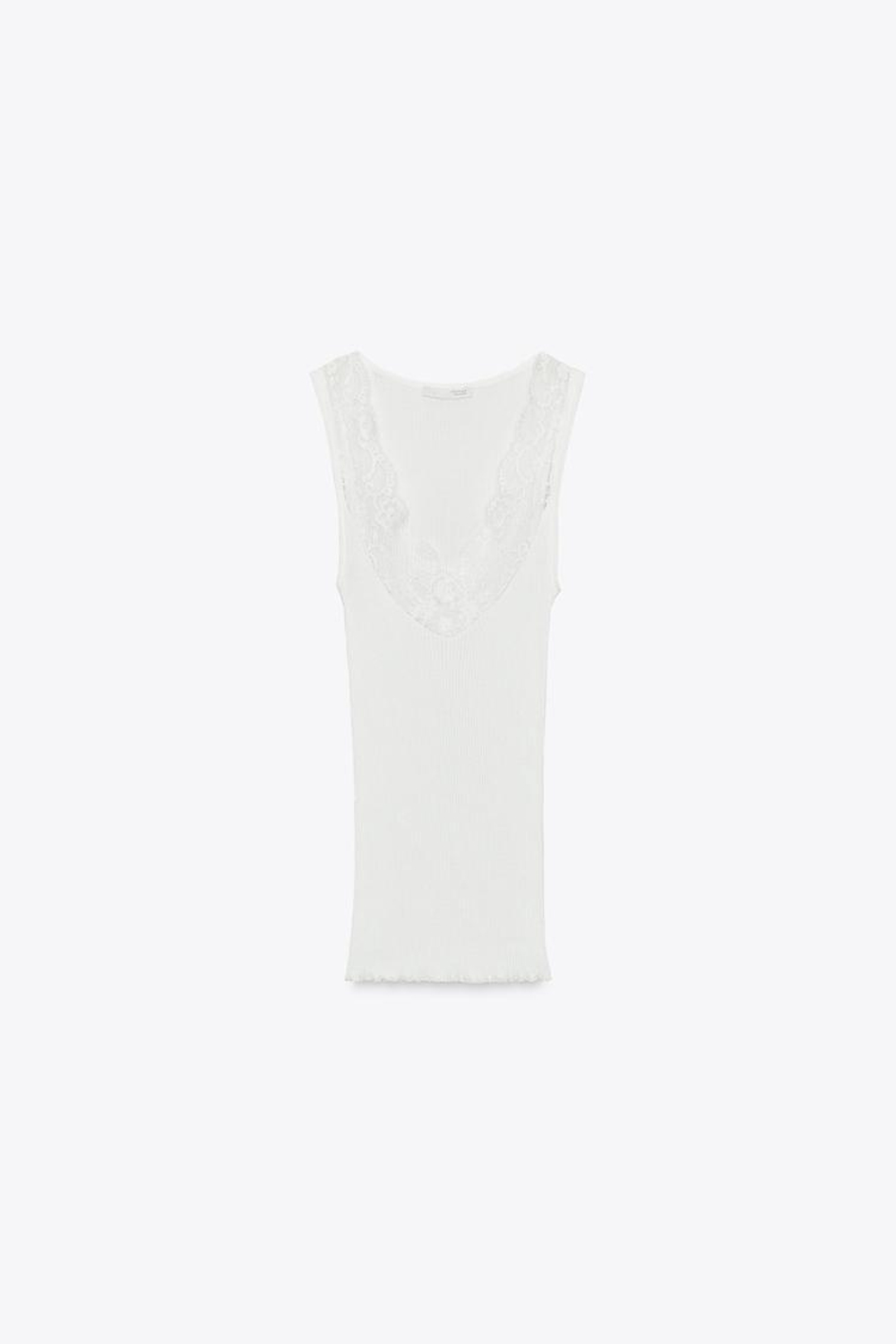 ZARA ФУТБОЛКА В РУБЧИК С КРУЖЕВОМ, ЖЕЛТОВАТО-БЕЛЫЙ