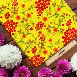 Ткань шелк Армани хохломские мотивы на желтом