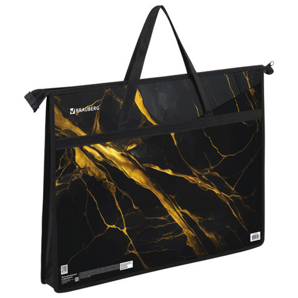 Папка для рисунков и чертежей с ручками BRAUBERG А3,пластик,молния сверху, Black&gold marble, 272232