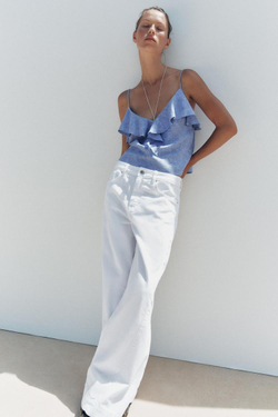 ZARA ТОП ИЗ СМЕСОВОГО ЛЬНА С БРЕТЕЛЯМИ И ВОЛАНАМИ, ГОЛУБОЙ