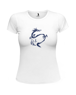 Футболка Дракон женская приталенная белая с синим рисунком