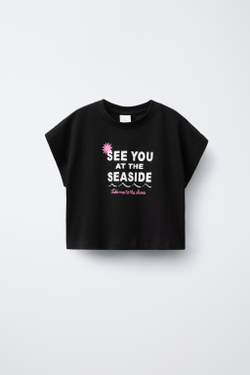 ZARA ФУТБОЛКА С ПРИНТОМ, ЧЕРНЫЙ