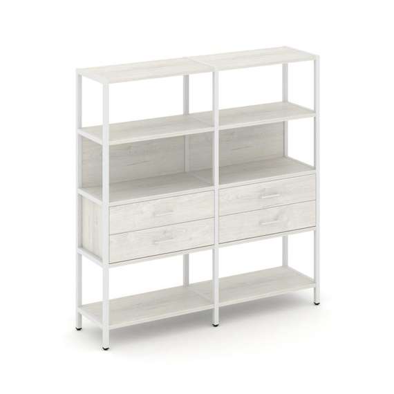 Shelf System Двухсекционный стеллаж четырехярусный с ящиками SN.STM-422 Дуб Наварра/Металл Белый 159