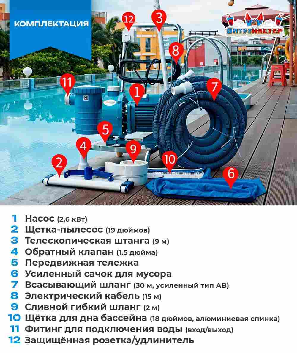 Набор для чистки бассейна с насосом 2,6 кВт и пылесосом — до 600 м²