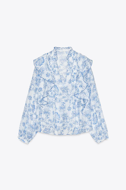 ZARA БЛУЗА ИЗ ТКАНИ С ПРИНТОМ СО СБОРКАМИ И ВОЛАНАМИ, СИНИЙ/БЕЛЫЙ
