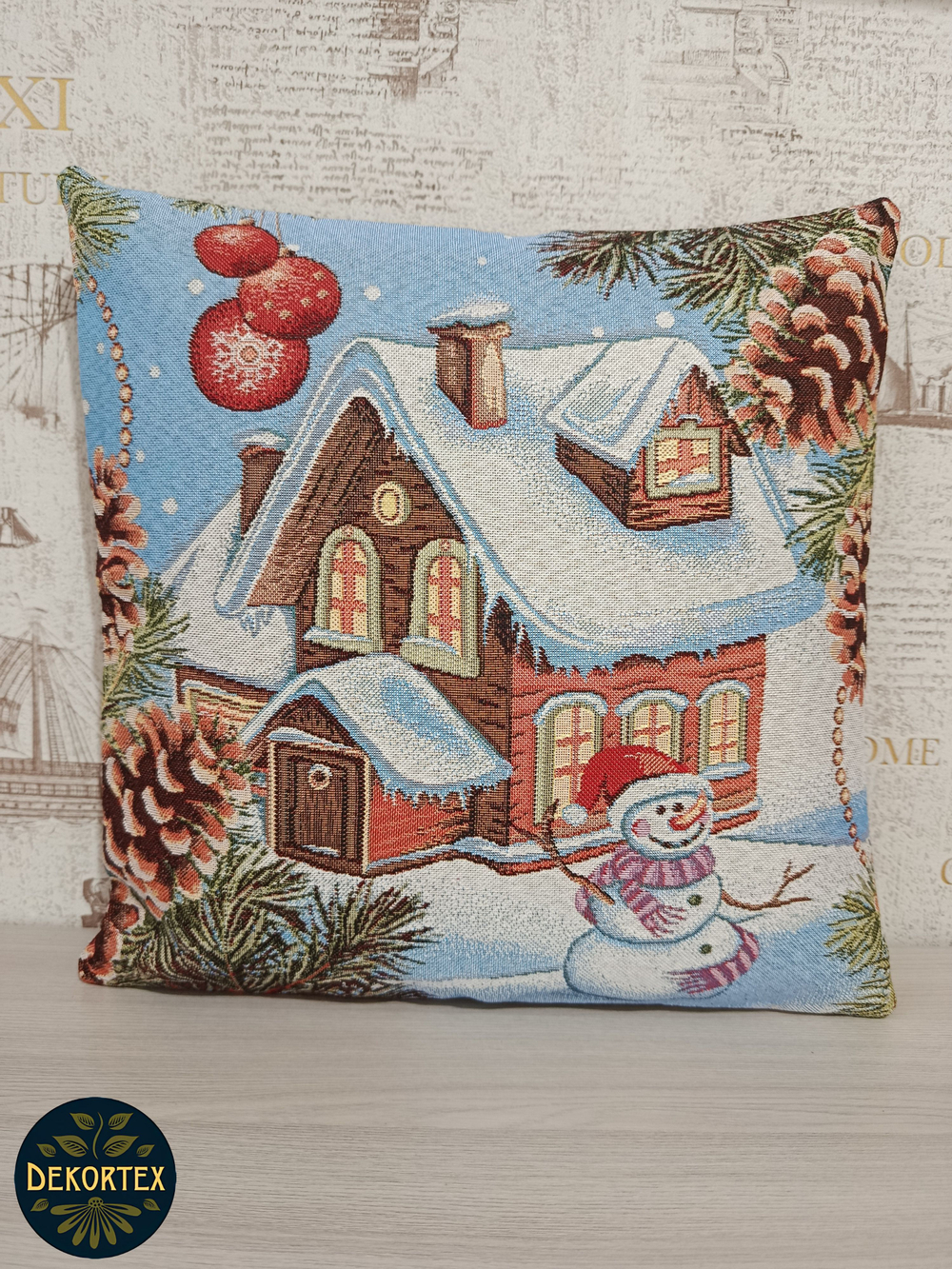 Декоративный гобеленовый чехол для интерьерной подушки Новогоднее утро 38*38