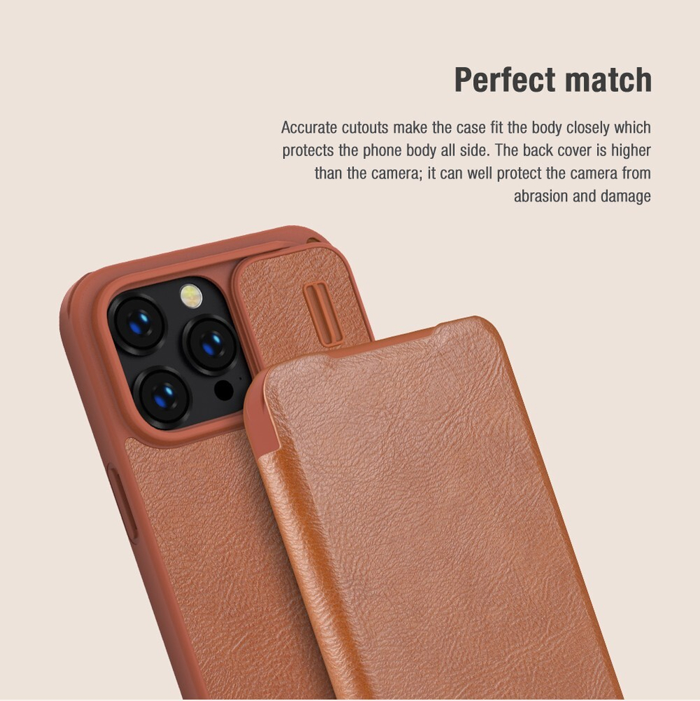 Чехол книжка коричневого цвета от Nillkin для iPhone 14 Pro Max, серия Qin Pro Leather с защитной шторкой для камеры