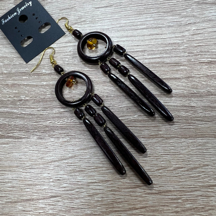 Серьги Колечки с янтарем, дерево, цвет вишневый, 22x75 мм