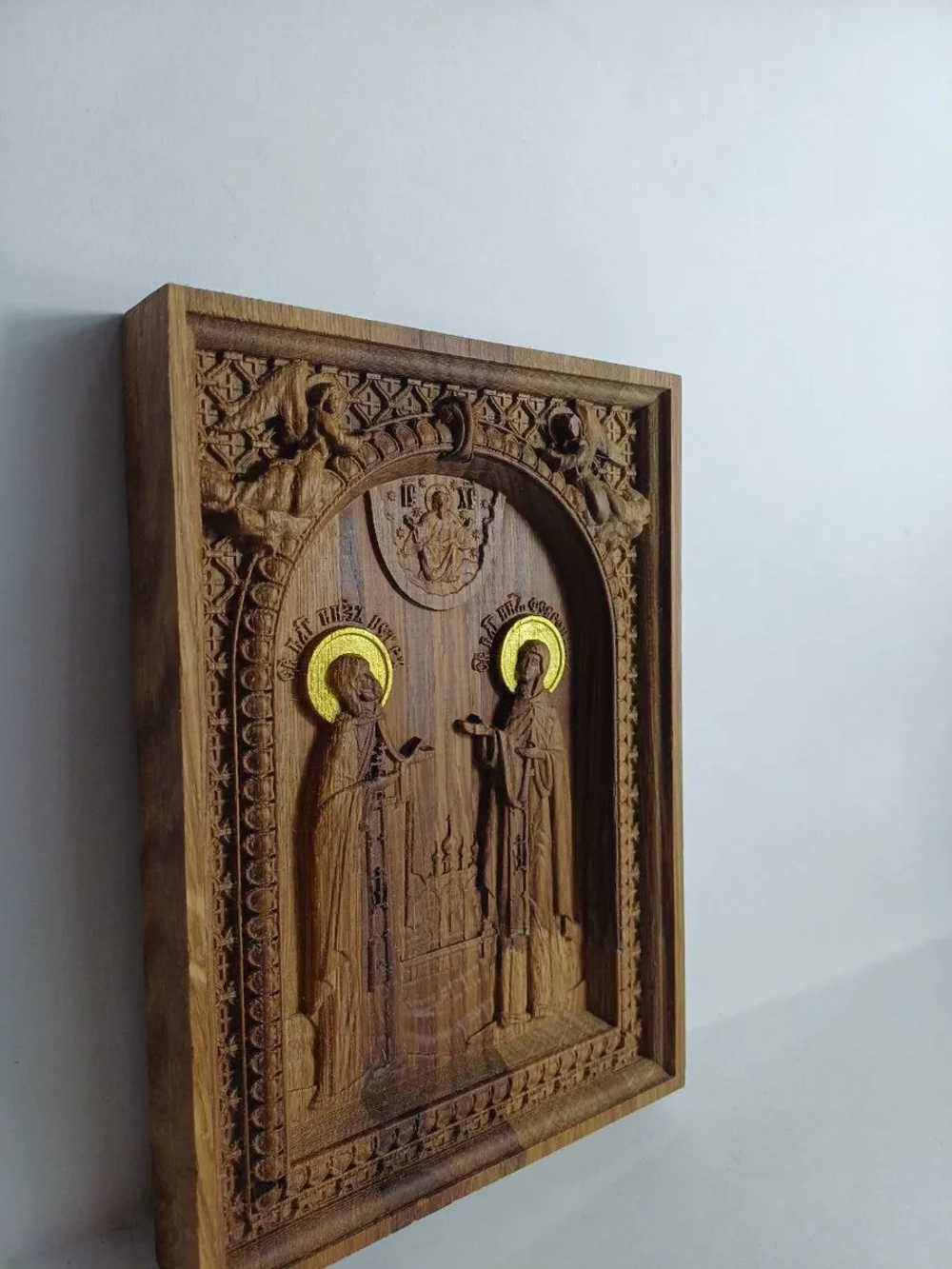 Освященная Икона Святые Петр и Февронья Муромские дуб 14х19