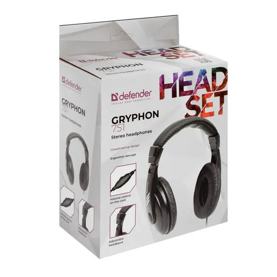 Наушники Defender Gryphon 751, полноразмерные, 100 дБ, 32 Ом, 3.5 мм, 2 м, чёрные