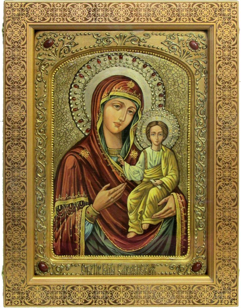 Живописная икона Божией Матери Одигитрия Смоленская 42х29см на кипарисе в березовом киоте