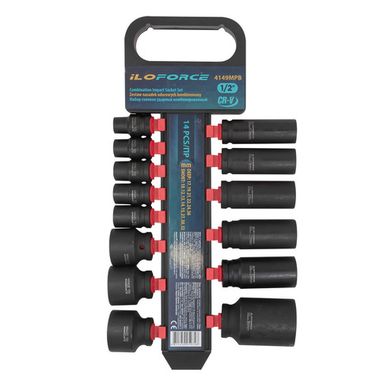 Набор головок ударных комбинированный 14пр.,1/2''(короткие:10,12-15,27,30,32мм,глубокие:17,19,21,22,24,36мм),на пластиковом держателе ILOforce IF-4149MPB