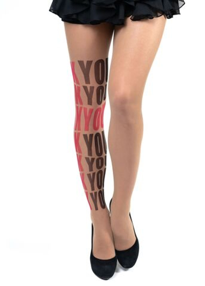 Колготки с красно-черным буквенным принтом на правой ножке (Размер: S-M-L) (Цвет: бежевый)