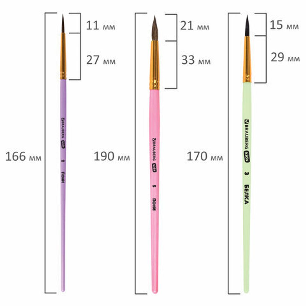 Кисти НАБОР 5 шт. (БЕЛКА круглая № 3; КОЗА круглые № 6, 8; ПОНИ круглые № 2, 5), BRAUBERG KIDS, 201080