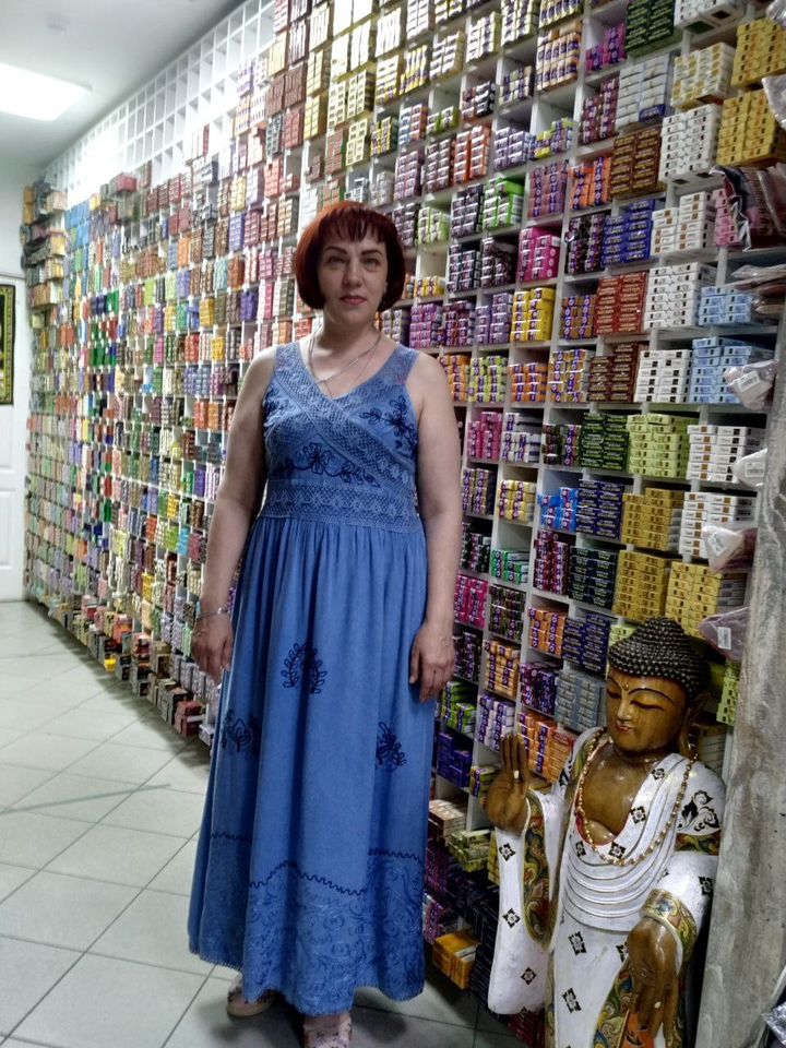 Сарафан с вязаными лямками узор накрест на груди с вышивкой цвет голубой free size