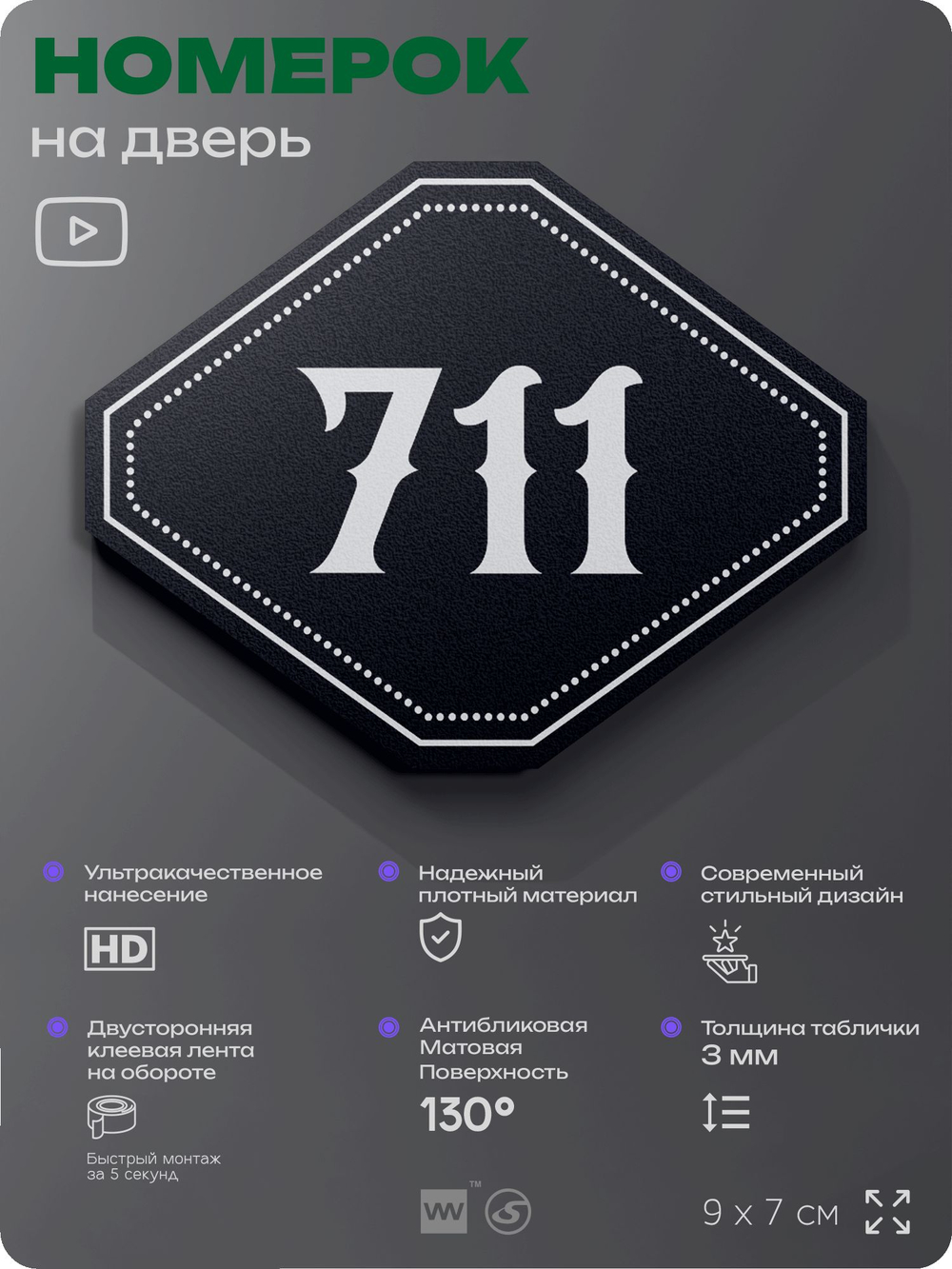 Номерок на дверь квартиры 711, для кабинета, офиса, шильдик 9 х 7 см, черный, Айдентика Технолоджи