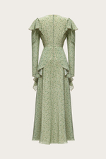 Платье-макси из зеленого шелкового крепдешина с авторским принтом
