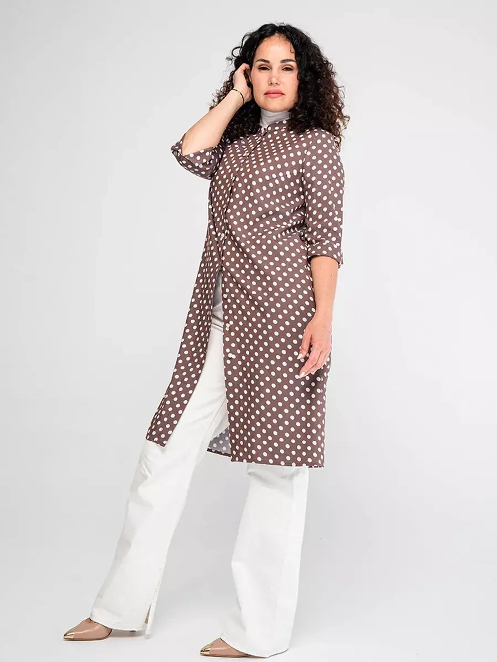 Платье рубашка летнее в горох миди