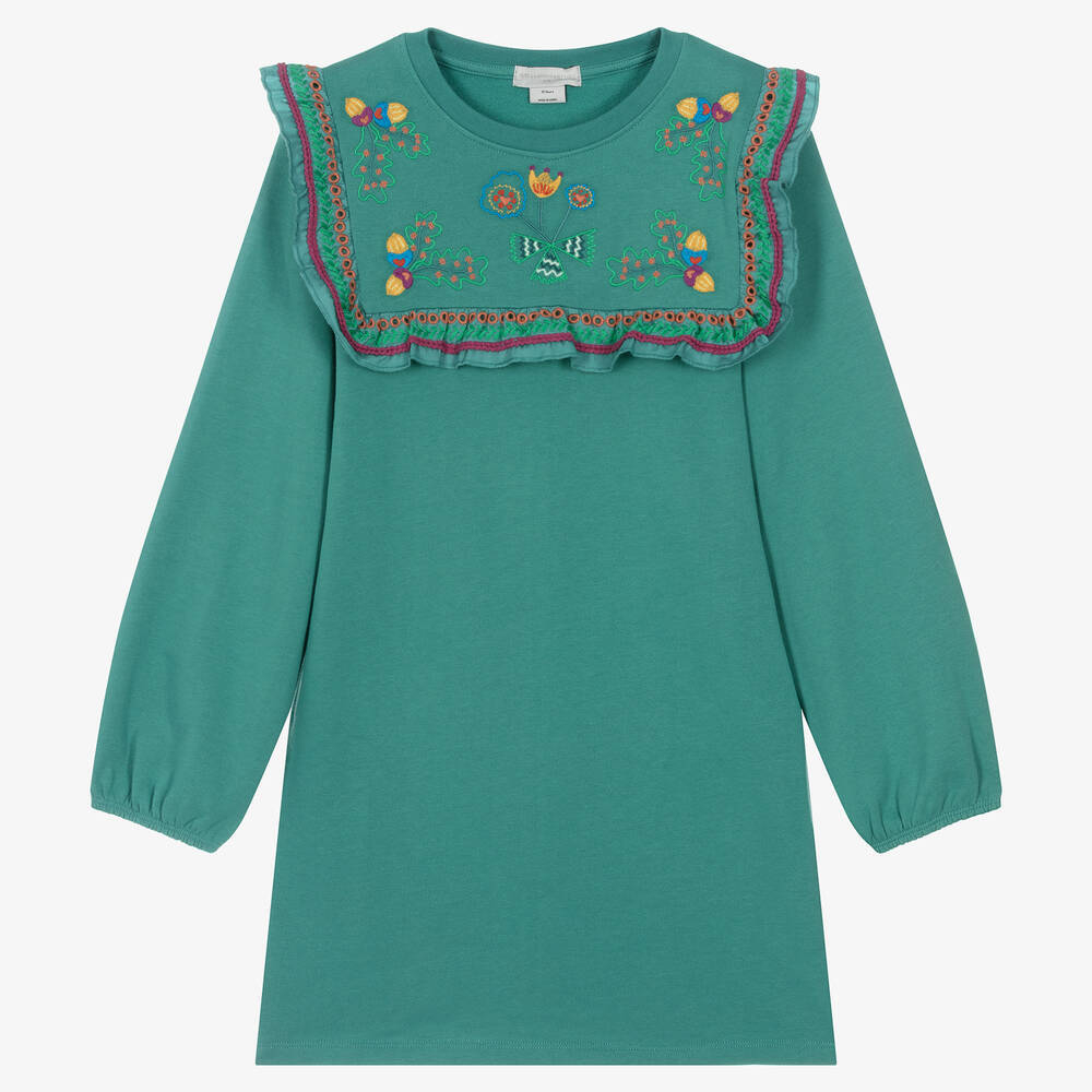 Платье трикотажное STELLA McCARTNEY Зеленый/Отделка кокетки: шитье/Вышивки (Девочка)