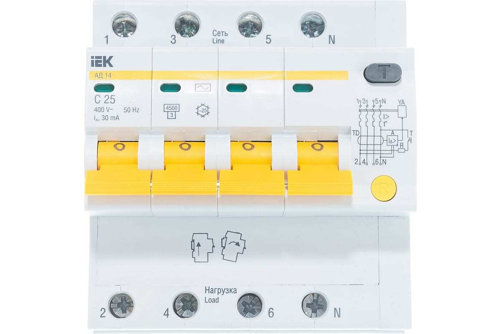 Дифференциальный автоматический выключатель АД14 4Р 25А 30мА IEK