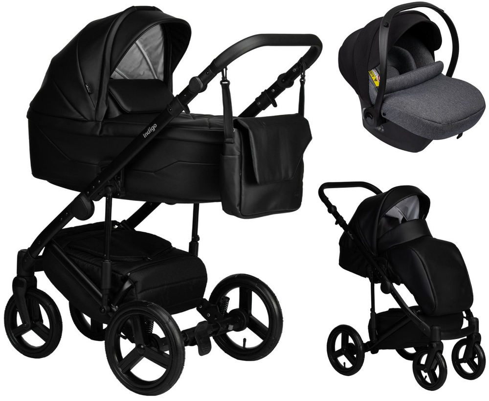 Детская коляска Indigo Lamar 3 в 1 с автокреслом Avionaut Cosmo Grey La08 черная кожа