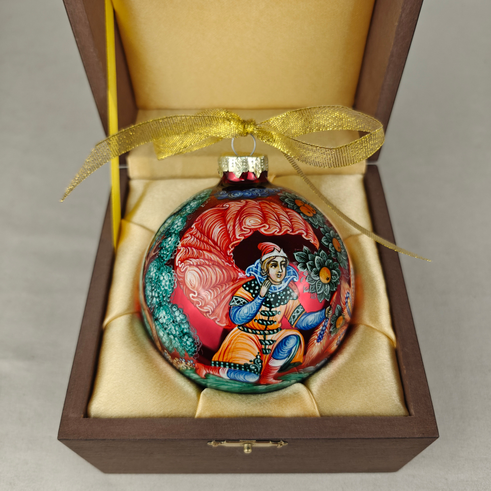 Шар новогодний с круговой росписью Палех "Жар-птица" на красном в футляре