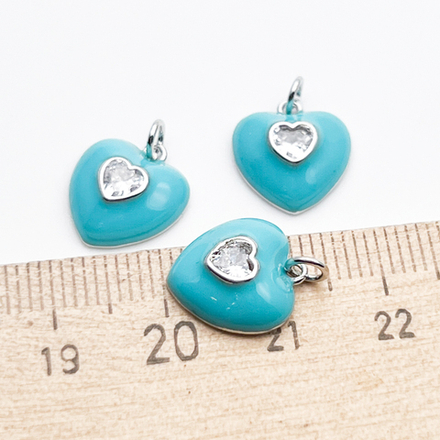 Подвеска Сердце, цвет серебро+мятный, фианит, размер 13*12 мм, цена за 1 шт