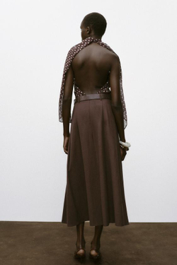 ZARA ЮБКА-КЛЕШ МИДИ С РЕМНЕМ, КОРИЧНЕВЫЙ