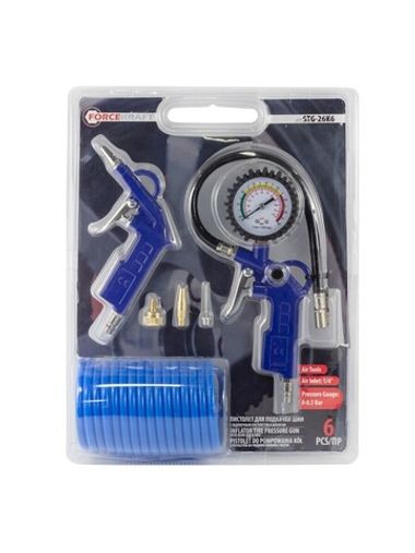 Пистолет для подкачки шин с манометром в комплекте с пистолетом обдувочным и шлангом(0-8.5 Bar,шланг 5м),в блистере FORCEKRAFT FK-STG-26K6