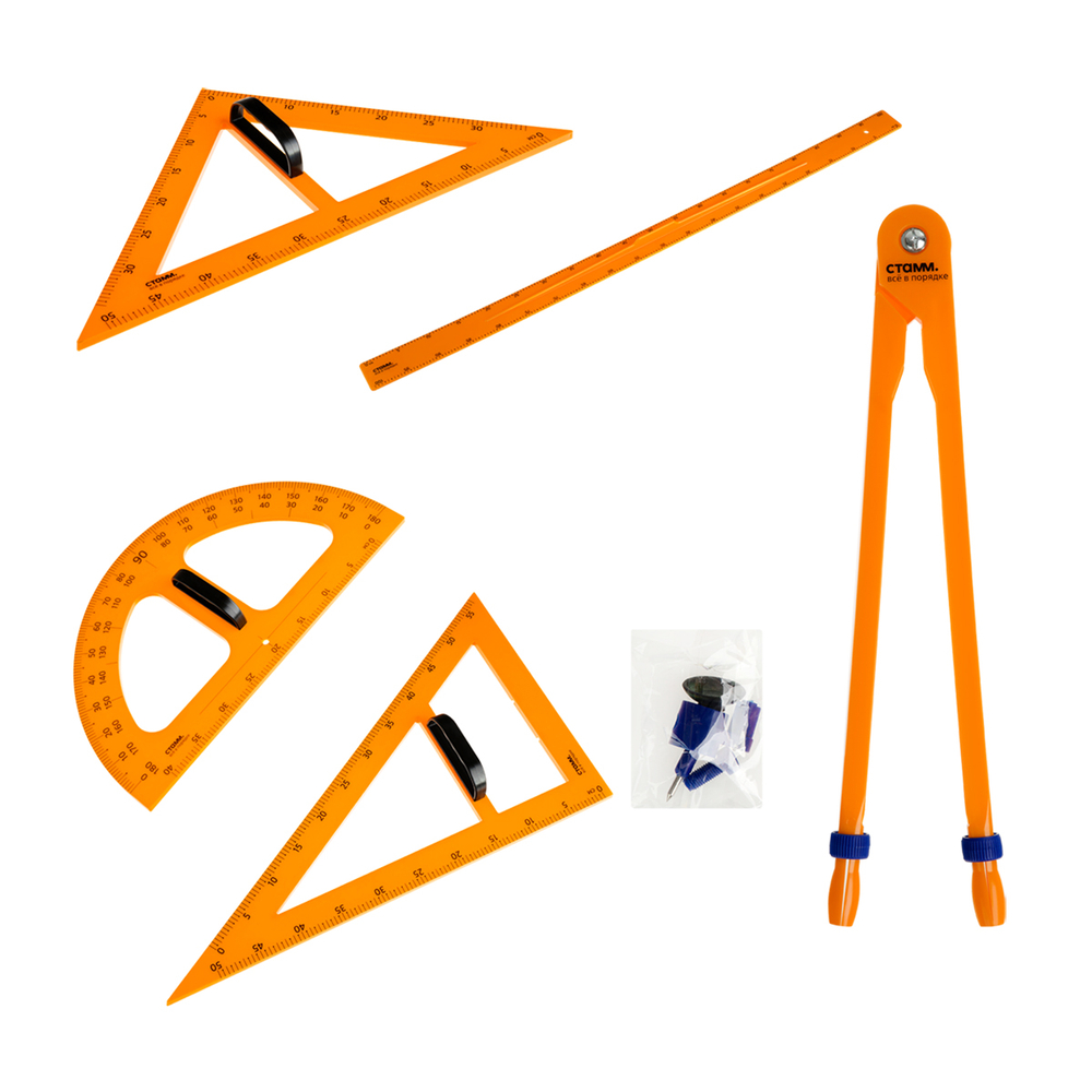 Набор для школьной доски СТАММ (линейка 100см, треугольник 30°, треугольник 45°, транспортир, циркуль), пластик, желтый, коробка