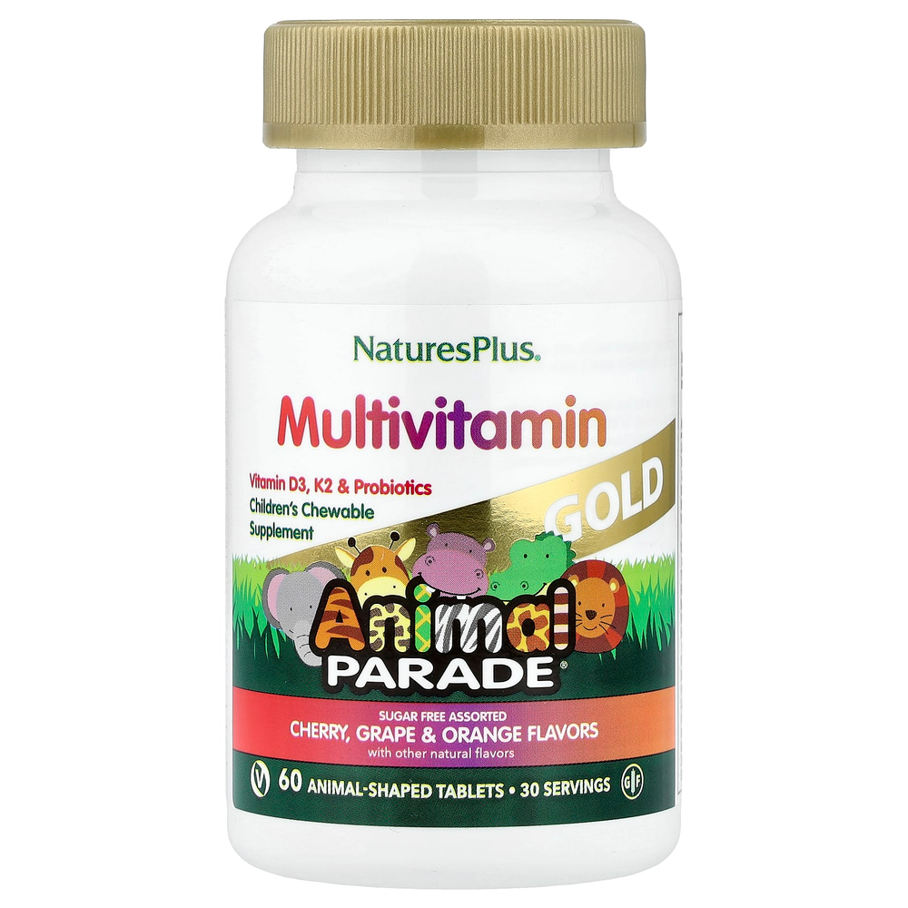 NaturesPlus, Animal Parade® Gold, жевательные мультивитамины для детей, со вкусом вишни, винограда и апельсина, 60 таблеток в форме животных