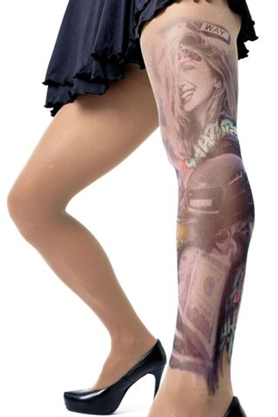 Колготки +size с имитацией тату в виде авто и девушки (Размер: XL-XXL-XXXL) (Цвет: бежевый)