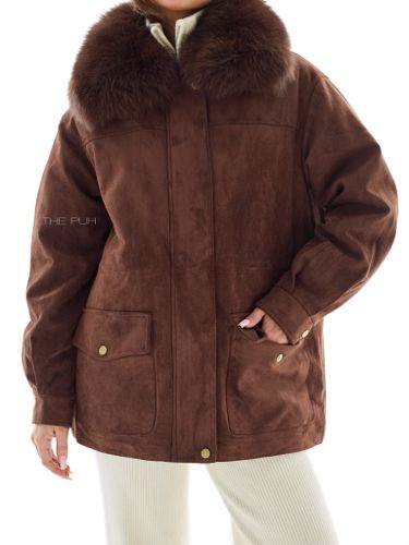 Шоколадный пуховик из эко-замши с мехом песца и кожаным воротником