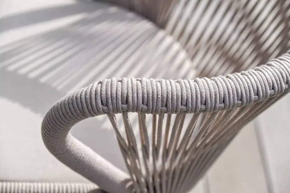 "Милан" стул плетеный из роупа, каркас алюминий белый шагрень, роуп бежевый круглый, ткань бежевая