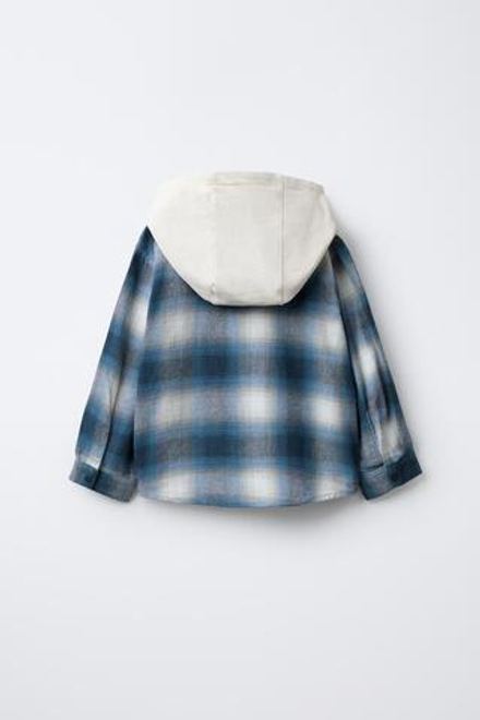 ZARA КУРТКА-РУБАШКА В КЛЕТКУ С КАПЮШОНОМ ИЗ МЯГКОЙ ТКАНИ, СИНИЙ