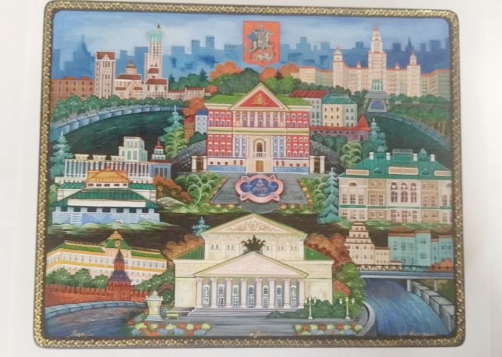 Шкатулка "Достопримечательности Москвы"  худ. Костерина (Ручная роспись Палех)