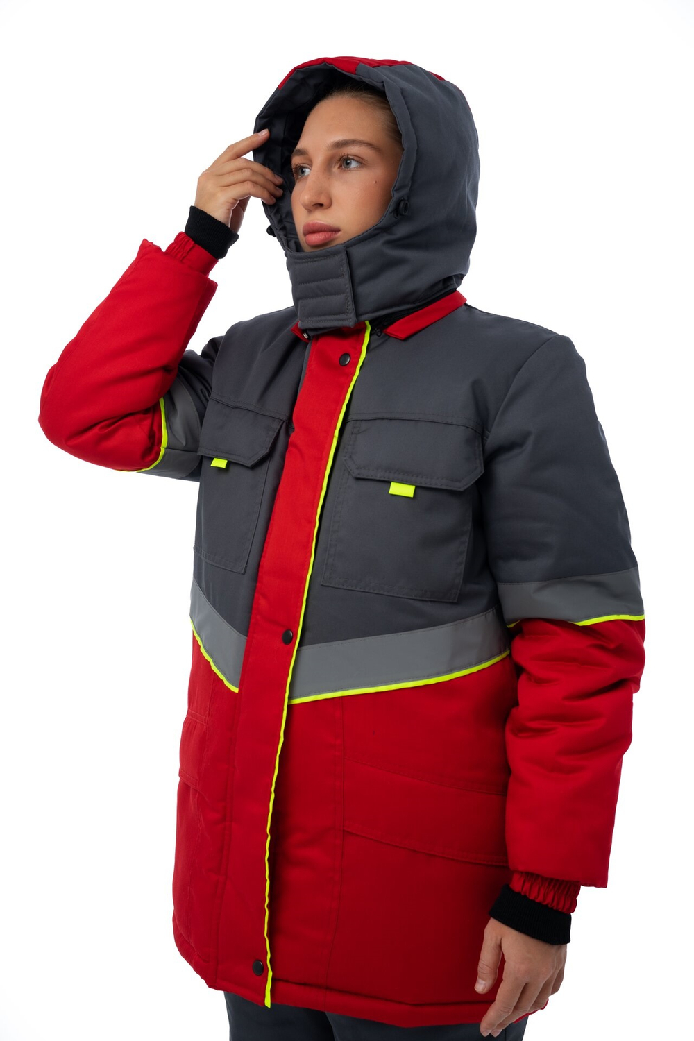 Костюм женский зимний «СЕВЕРНАЯ ШИРОТА» (куртка+полукомбинезон) цв.серый/красный БОЛЬШОЙ РАЗМЕР