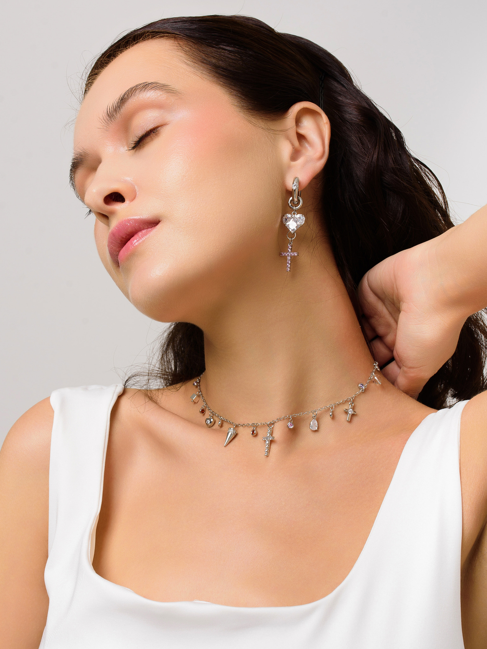 Моносерьга "White soul cross pink" Silver