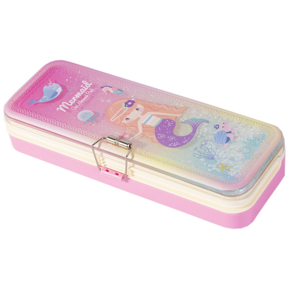 Пенал 2 отделения Alingar, пластик, блеск, 75 х 215 мм "Mermaid", розовый (русалочка)