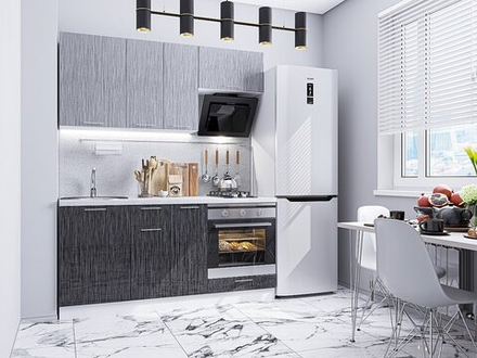 Прямая модульная кухня Валерия-М-06 Серый металлик дождь светлый/Черный металлик дождь - Дуб Вотан 2140*1700*600