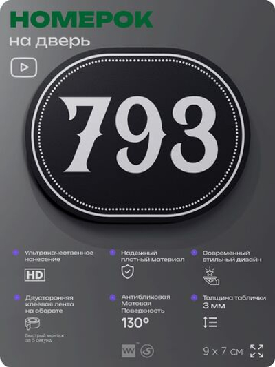 Номерок на дверь квартиры 793, для кабинета, офиса, шильдик 9 х 7 см, черный, Айдентика Технолоджи