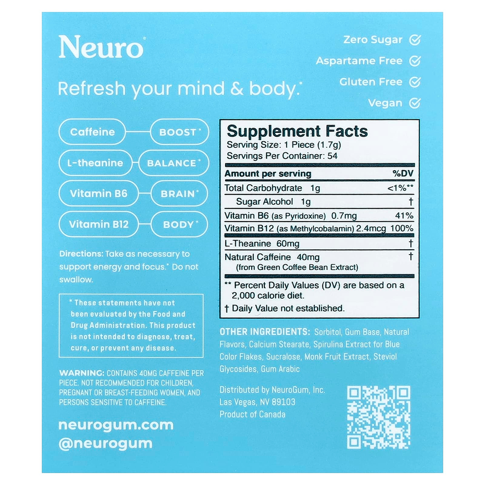 NeuroGum, жевательная резинка для энергии и концентрации, со вкусом перечной мяты, 6 пакетиков по 9 шт.