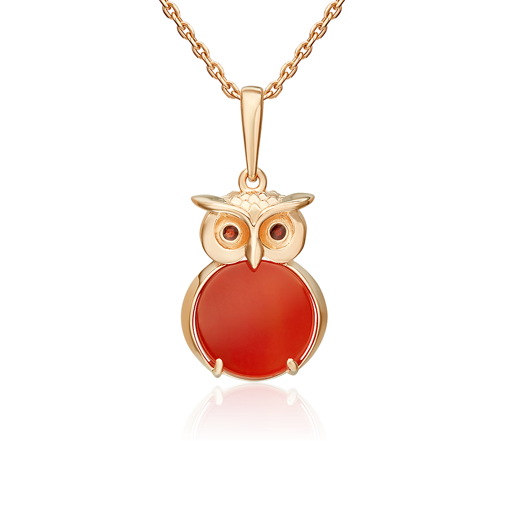 Подвеска «Сова» из красного золота с сердоликом и эмалью