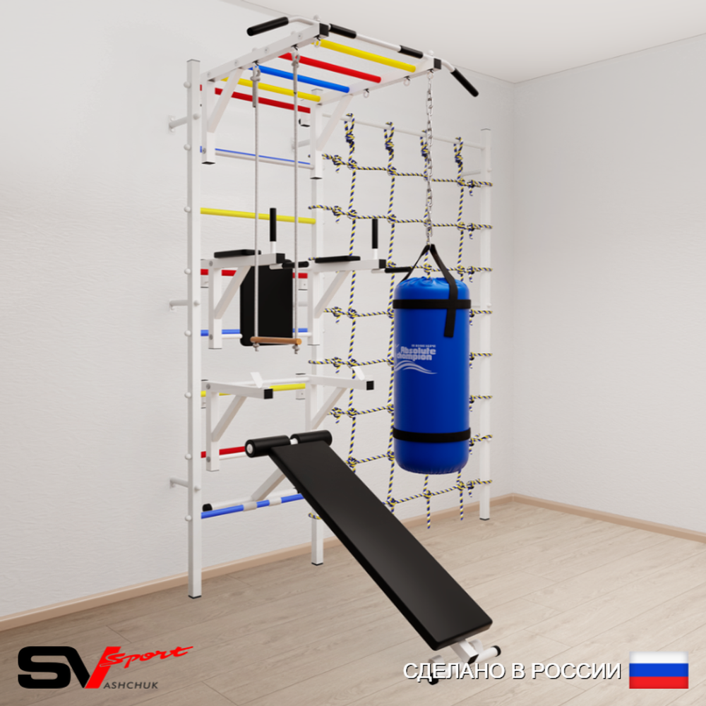 Шведская стенка Sv Sport усиленная 66330 (Турник рукоход/Брусья/Стойка/Скамья/Трапеция/Цепь/Мешок 30кг/Канатный лаз)
