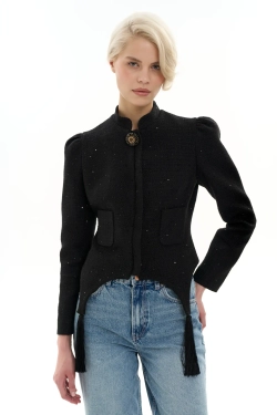 Жакет с кисточками твидовый черный